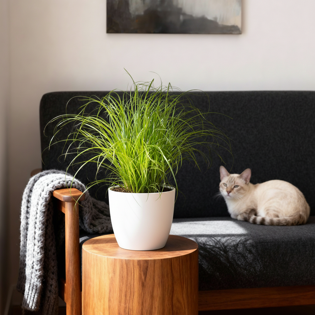 Green boutiQ - Kamerplant - Cyperus alternifolius Zumula - Kattengras - Huisdiervriendelijke Plant - Groen - 4 Planten - met Potter Wit - Pot 12cm - Hoogte 20cm