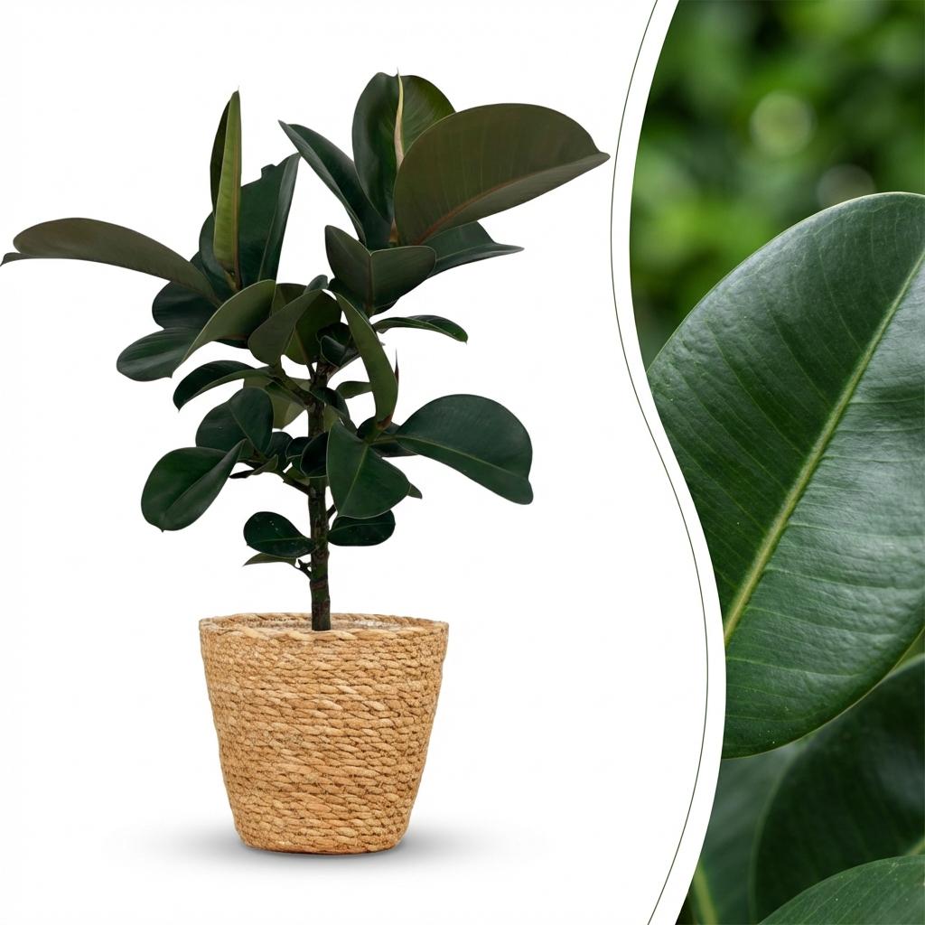 Green boutiQ - Kamerplant - Rubberplant - Ficus Elastica Cloe - Groen - Weinig onderhoud - 1 Plant - met Mand - Pot 19cm - Hoogte 65cm