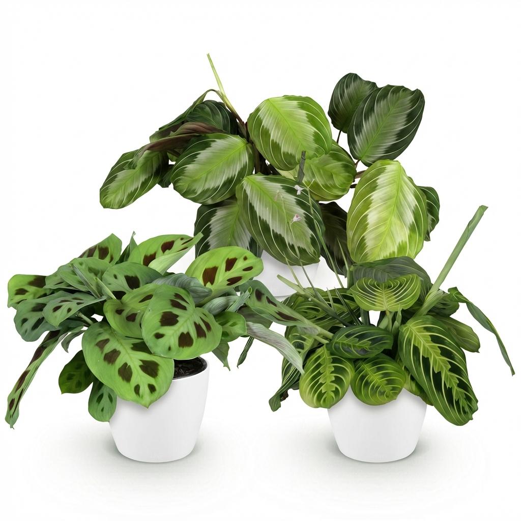 Green boutiQ - Kamerplant - Marantha Silverband, Marantha Lemon Lime Marantha Kerchoveana - Gebedsplant - Huisdiervriendelijke Plant - Groen - 3 Planten - met Potter Wit - Pot 12cm - Hoogte 25cm