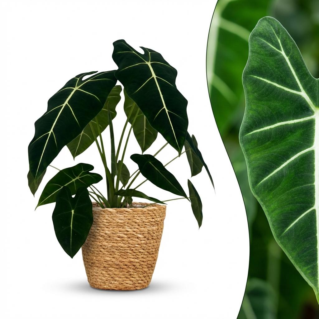 Green boutiQ - Kamerplant - Olifantsoor - Alocasia Frydek - Groen - Weinig onderhoud - 1 Plant - met Mand - Pot 19cm - Hoogte 60cm