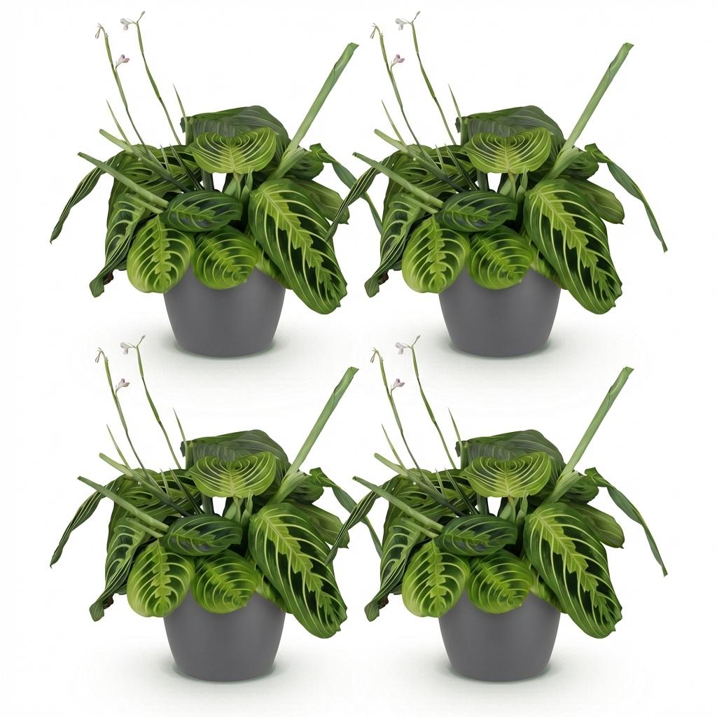 Green boutiQ - Kamerplant - Maranta Fascinator Lemon Lime - Gebedsplant - Huisdiervriendelijke Plant - Groen - 4 Planten - met Potter Grijs - Pot 12cm - Hoogte 25cm
