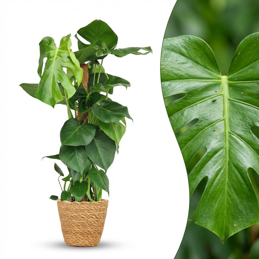 Green boutiQ - Kamerplant - Gatenplant - Monstera Deliciosa mosstok - Groen - Weinig onderhoud - 1 Plant - met Mand - Pot 19cm - Hoogte 90cm