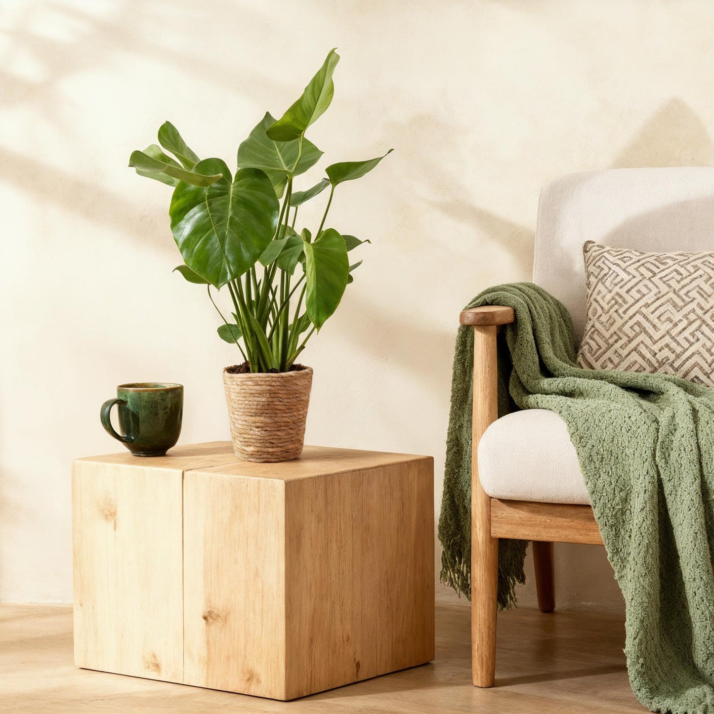 Green BoutiQ - Green is... Kamerplanten - Monstera Deliciosa - Gatenplant - Weinig onderhoud - met mand - Groen - 2 Planten - Pot 17cm - Hoogte 50-55cm