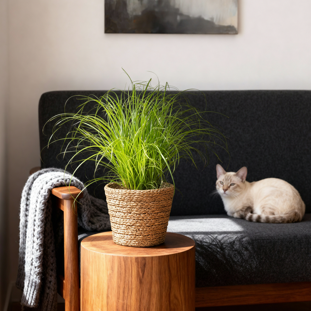 Green boutiQ - Kamerplant - Cyperus alternifolius Zumula - Kattengras - Huisdiervriendelijke Plant - Groen - 1 Plant - met Mand - Pot 12cm - Hoogte 20cm