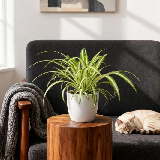 Green boutiQ - Kamerplant - Chlorophytum comosum Variegatum - Bonte Graslelie - Huisdiervriendelijke Plant - Groen - 2 Planten - met Potter Wit - Pot 12cm - Hoogte 20cm