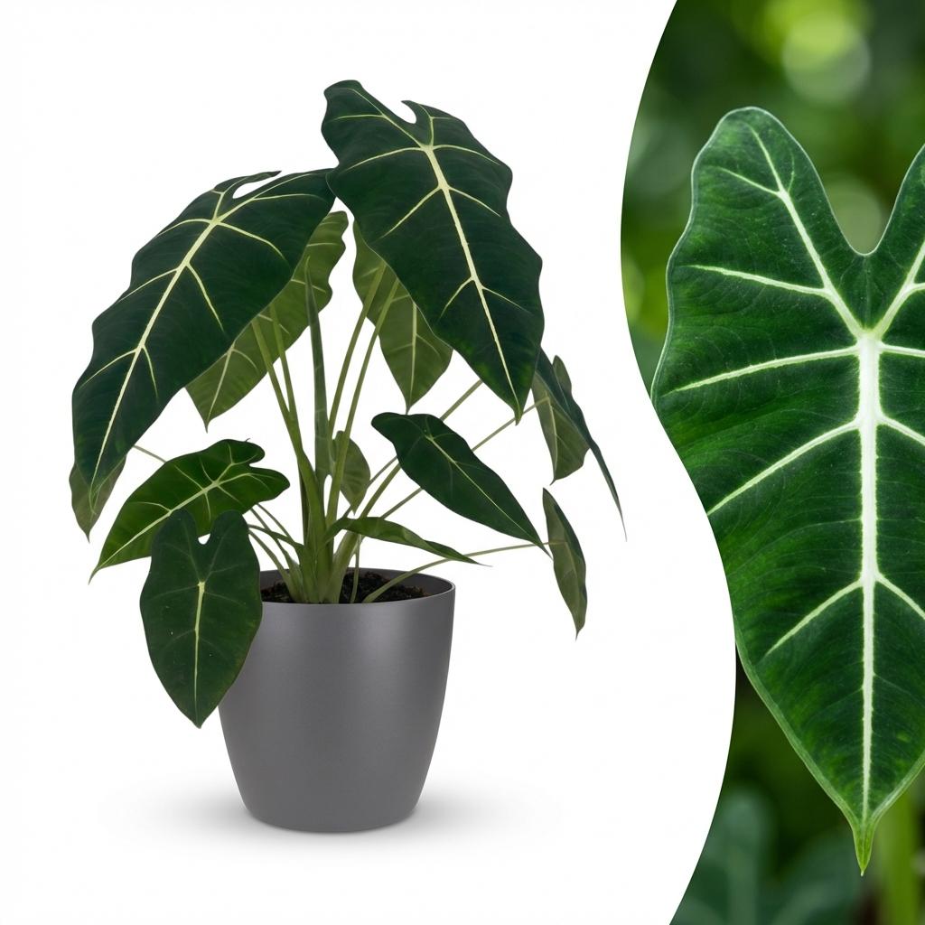 Green boutiQ - Kamerplant - Olifantsoor - Alocasia Frydek - Groen - Weinig onderhoud - 1 Plant - met Potter Grijs - Pot 19cm - Hoogte 60cm