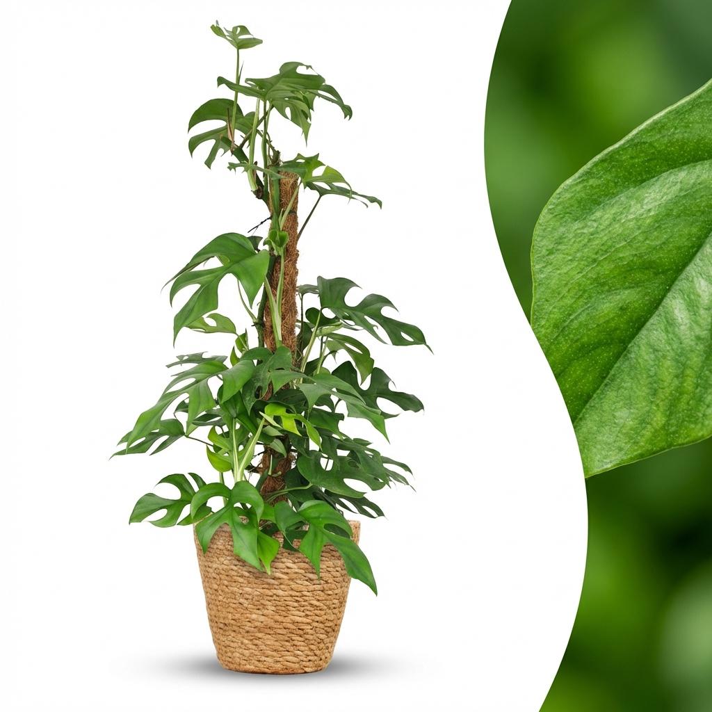 Green boutiQ - Kamerplant - Mini Gatenplant - Monstera Minima Mosstok - Groen - Weinig onderhoud - 1 Plant - met Mand - Pot 19cm - Hoogte 90cm