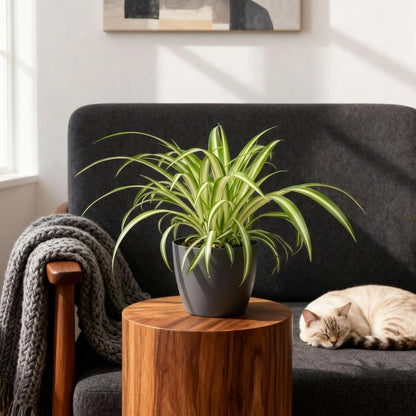 Green boutiQ - Kamerplant - Chlorophytum comosum Variegatum - Bonte Graslelie - Huisdiervriendelijke Plant - Groen - 2 Planten - met Potter Grijs - Pot 12cm - Hoogte 20cm