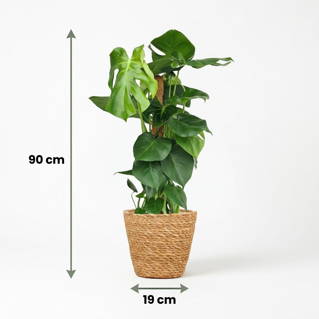 Green boutiQ - Kamerplant - Gatenplant - Monstera Deliciosa mosstok - Groen - Weinig onderhoud - 1 Plant - met Mand - Pot 19cm - Hoogte 90cm