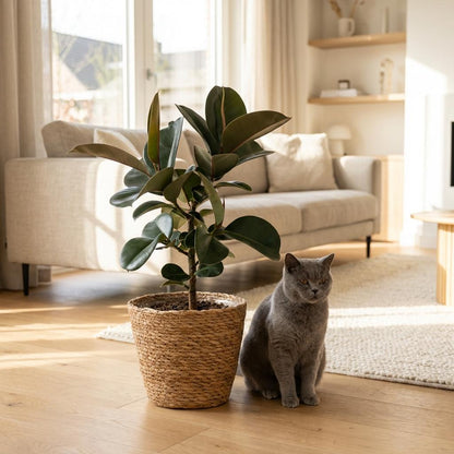 Green boutiQ - Kamerplant - Rubberplant - Ficus Elastica Cloe - Groen - Weinig onderhoud - 1 Plant - met Mand - Pot 19cm - Hoogte 65cm