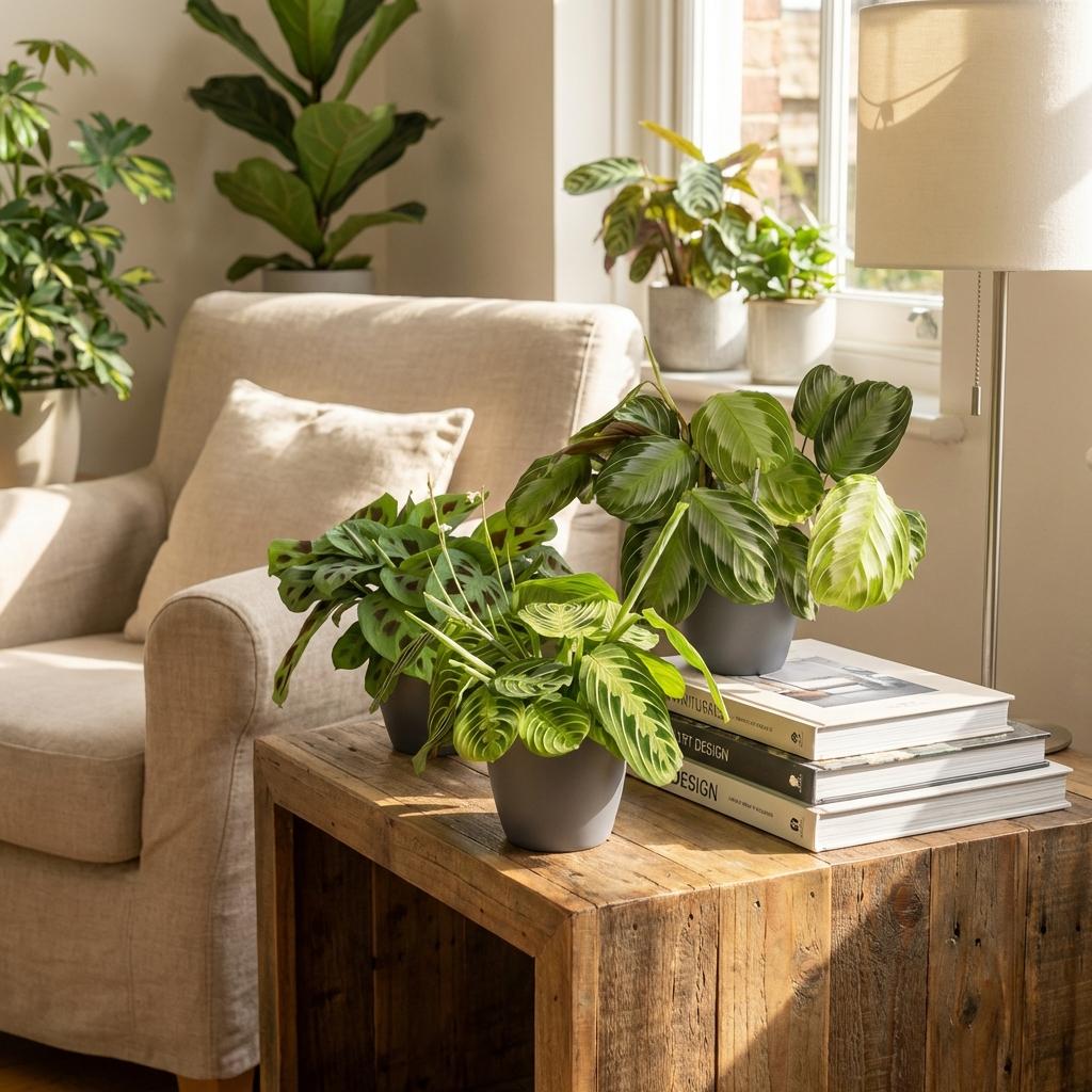Green boutiQ - Kamerplant - Marantha Silverband, Marantha Lemon Lime Marantha Kerchoveana - Gebedsplant - Huisdiervriendelijke Plant - Groen - 3 Planten - met Potter Grijs - Pot 12cm - Hoogte 25cm