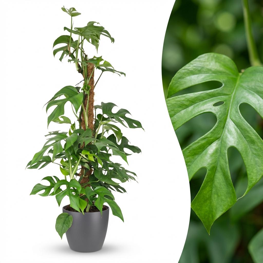 Green boutiQ - Kamerplant - Mini Gatenplant - Monstera Minima Mosstok - Groen - Weinig onderhoud - 1 Plant - met Potter Grijs - Pot 19cm - Hoogte 90cm