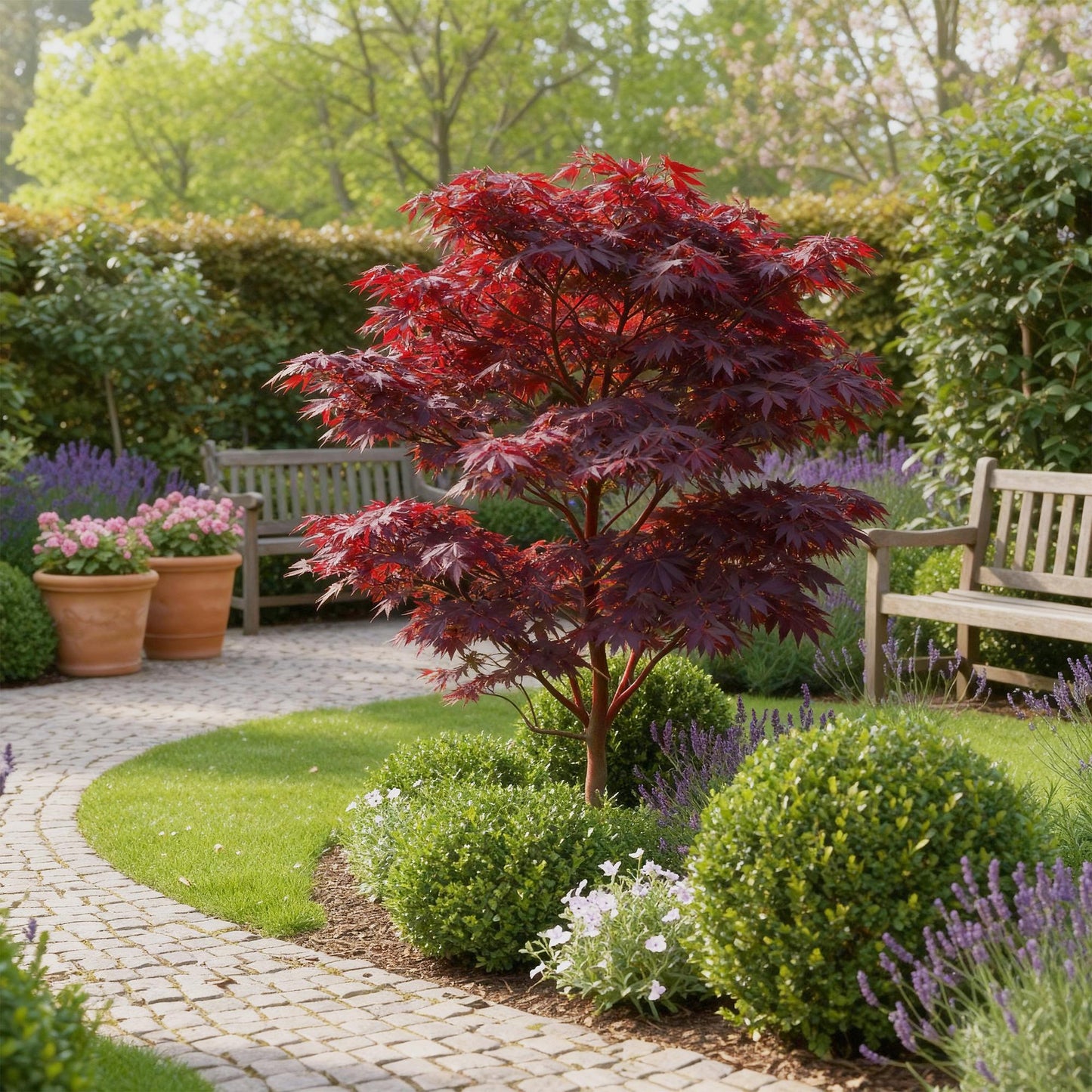 Green boutiQ - Tuinplant - Acer palmatum Atropurpureum - Paars - 3 Planten - Blad verliezend - Weinig Onderhoud - Pot 12cm Hoogte 35cm