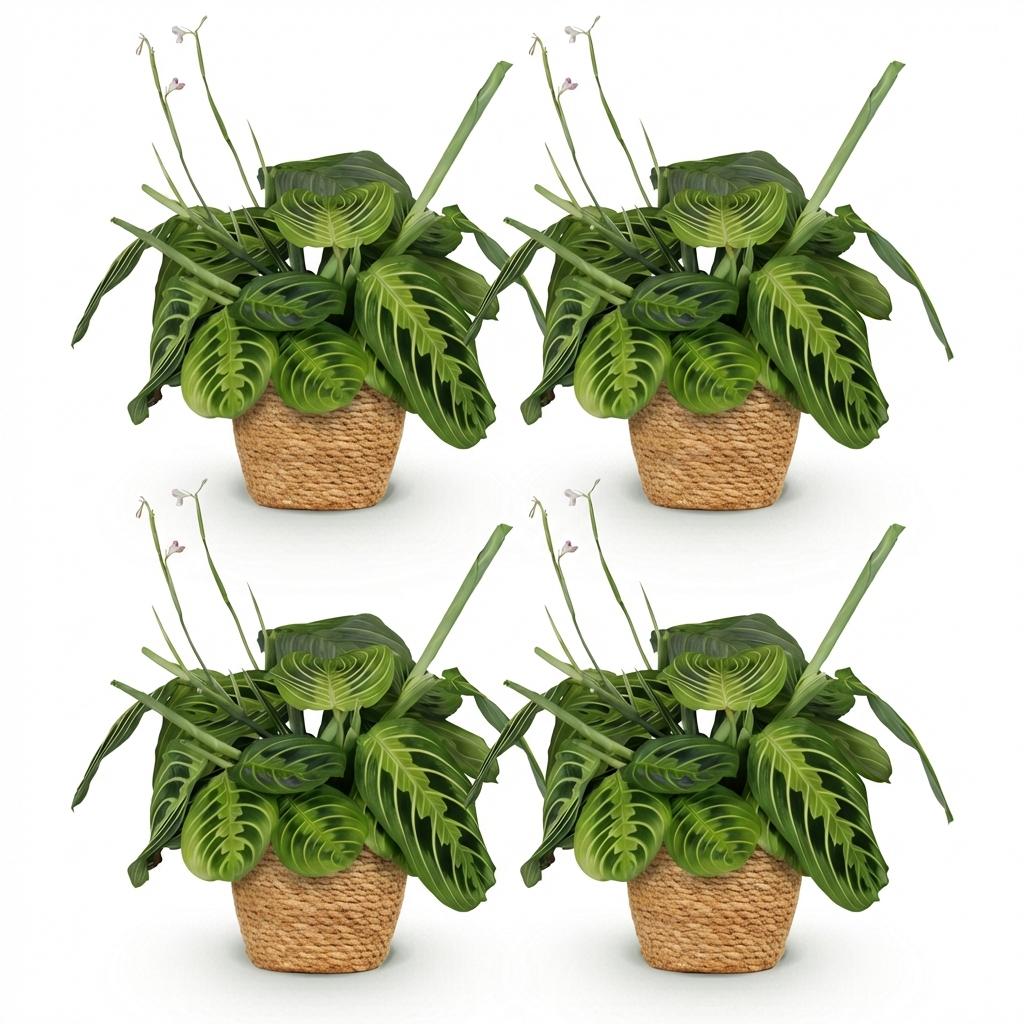 Maranta 'Fascinator Lemon Lime' - Gebedsplant - 4 Planten - met mand - pot 12cm - hoogte 25cm