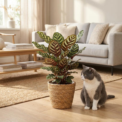 Green boutiQ - Kamerplant - Pauwenplant - Calathea Makoyana - Groen - Weinig onderhoud - 1 Plant - met Mand - Pot 19cm - Hoogte 70cm