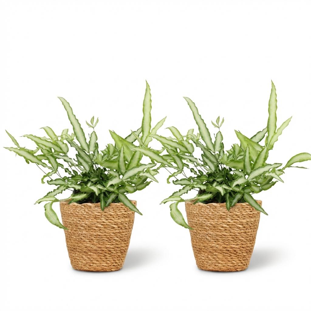 Green boutiQ - Kamerplant - Pteris cretica Albolineata - Lintvaren - Huisdiervriendelijke Plant - Groen - 2 Planten - met Mand - Pot 12cm - Hoogte 20cm