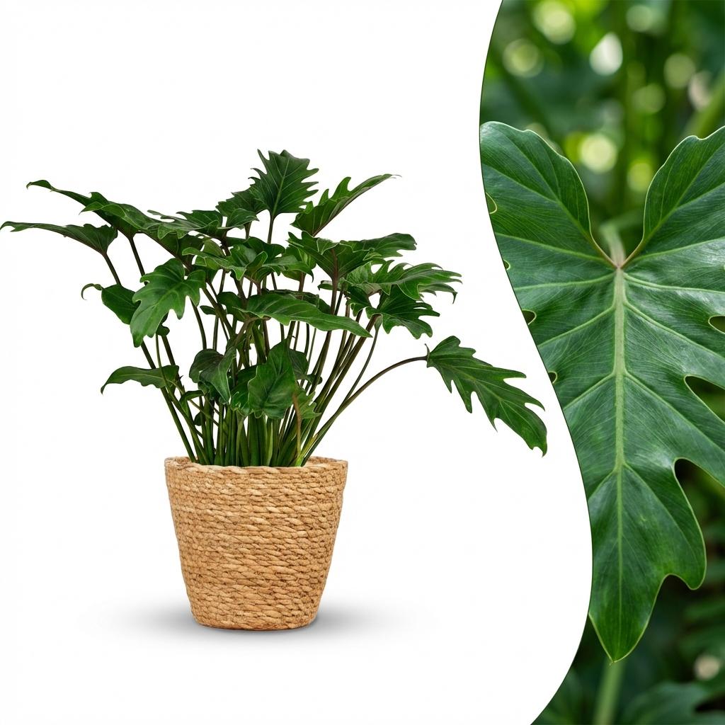 Green boutiQ - Kamerplant - Philodendron - Philodendron Xanadu - Groen - Weinig onderhoud - 1 Plant - met Mand - Pot 19cm - Hoogte 60cm