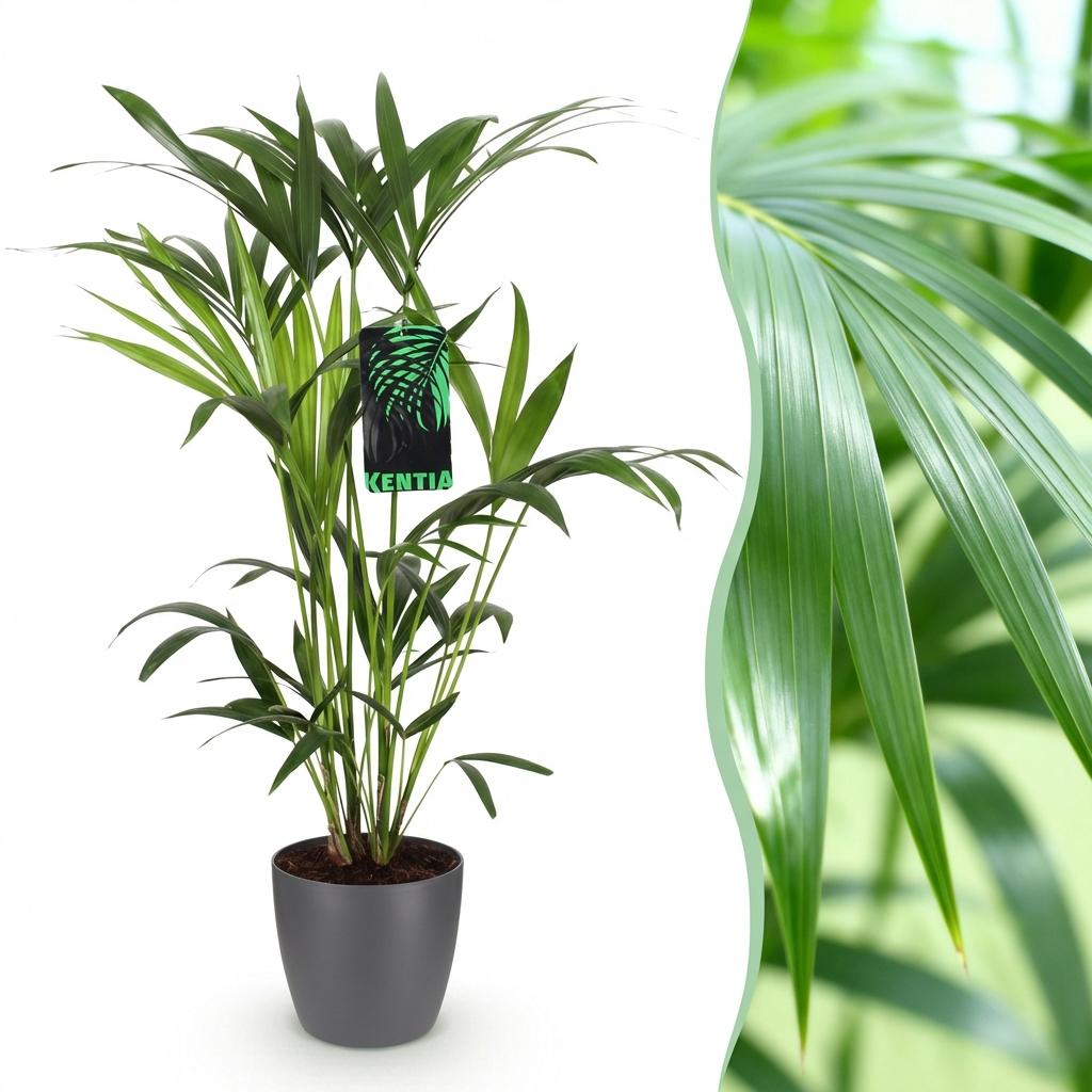 Green boutiQ - Kamerplant - Howea Forsteriana - Kentia Palm - Weinig Onderhoud - Groen - 1 Plant - met Potter Grijs - Pot 19cm - Hoogte 80-85cm