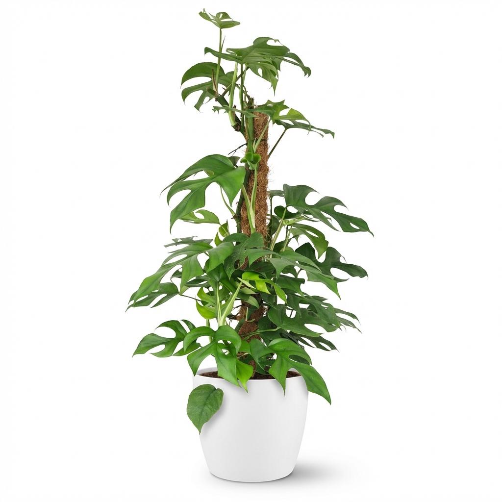 Green boutiQ - Kamerplant - Mini Gatenplant - Monstera Minima Mosstok - Groen - Weinig onderhoud - 1 Plant - met Potter Wit - Pot 19cm - Hoogte 90cm