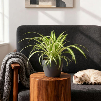 Green boutiQ - Kamerplant - Chlorophytum comosum Variegatum - Bonte Graslelie - Huisdiervriendelijke Plant - Groen - 4 Planten - met Potter Grijs - Pot 12cm - Hoogte 20cm