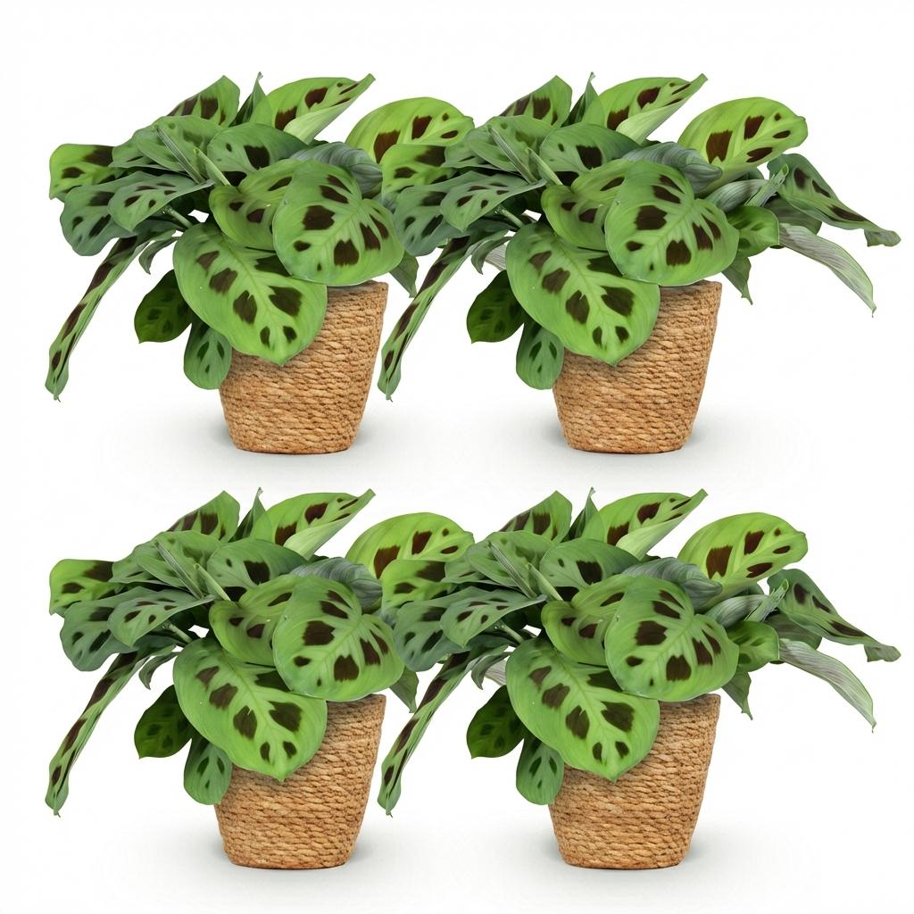 Green boutiQ - Kamerplant - Maranta Fascinator Kerchoveana - Zebraplant - Huisdiervriendelijke Plant - Groen - 4 Planten - met Mand - Pot 12cm - Hoogte 25cm