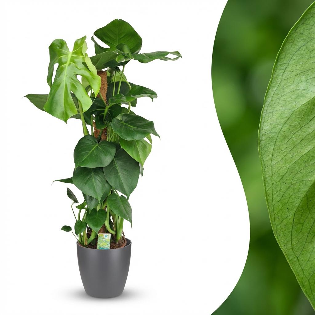 Green boutiQ - Kamerplant - Gatenplant - Monstera Deliciosa mosstok - Groen - Weinig onderhoud - 1 Plant - met Potter Grijs - Pot 19cm - Hoogte 90cm
