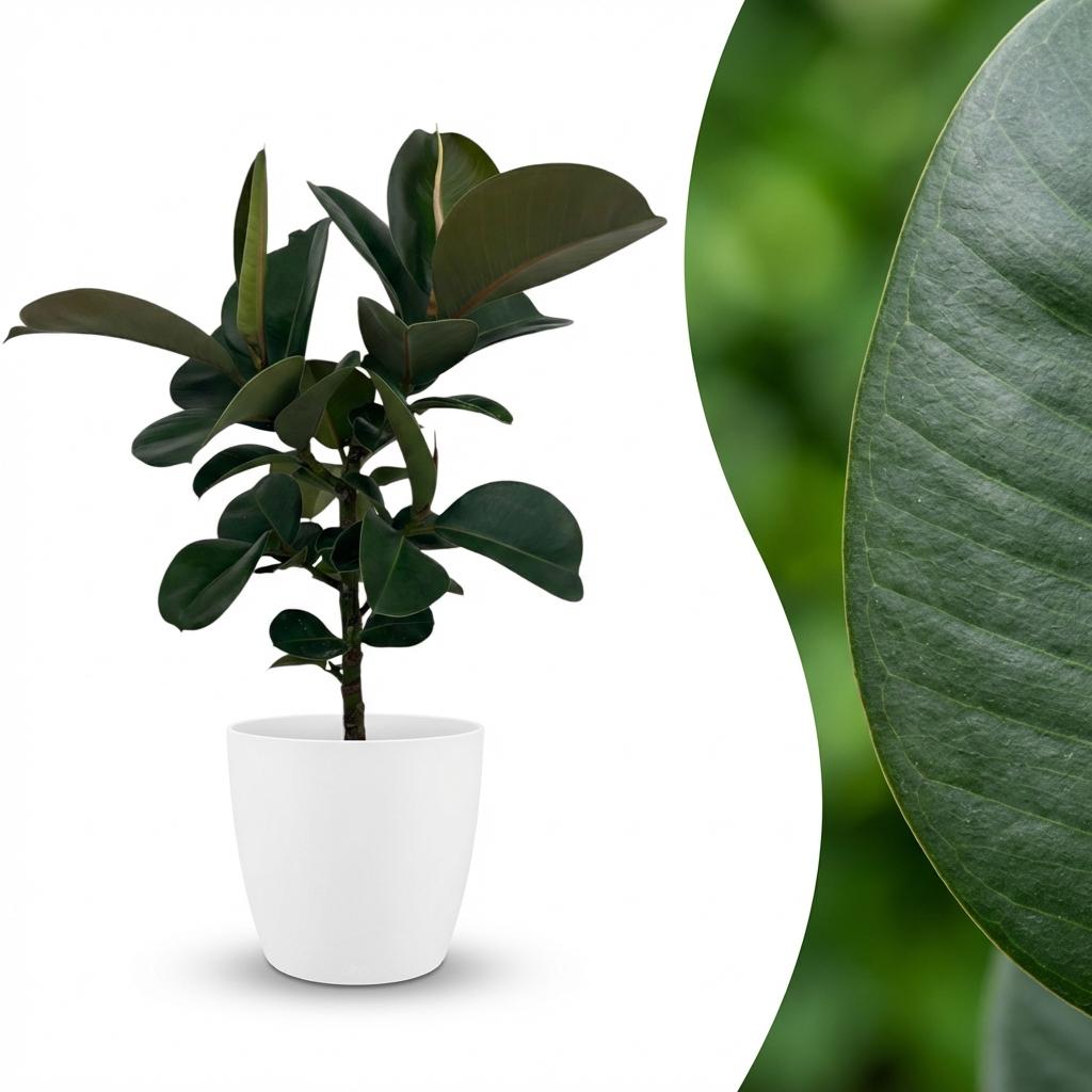 Green boutiQ - Kamerplant - Rubberplant - Ficus Elastica Cloe - Groen - Weinig onderhoud - 1 Plant - met Potter Wit - Pot 19cm - Hoogte 65cm